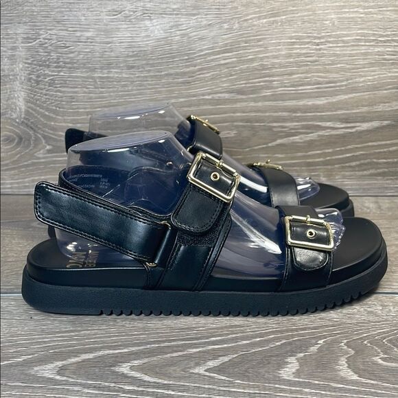 Steve Madden NYC Women’s Sz 9 Double Buckle Black Hook & Loop Slingback Sandals - Picture 1 of 11